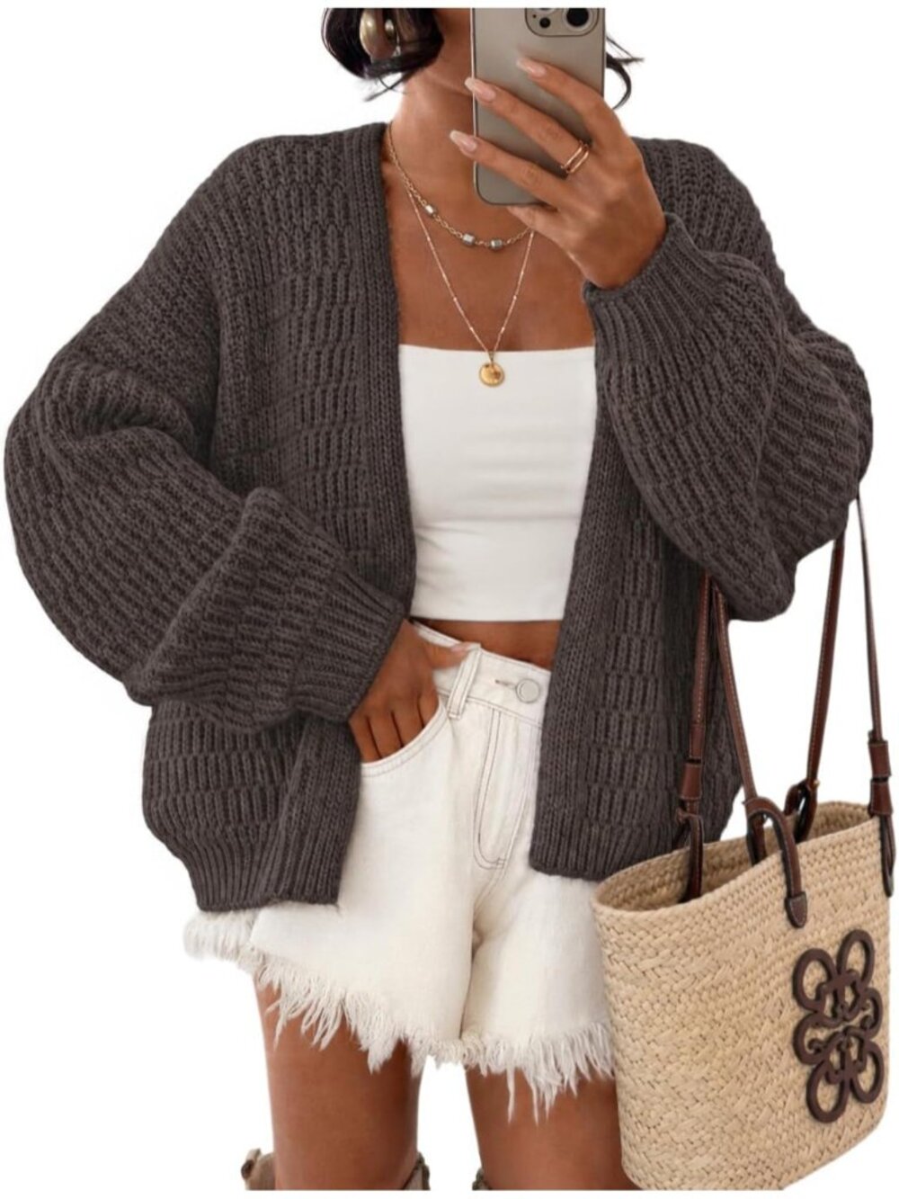 Women's Coffee Long Sleeve Chunky Knit Oversized Open Front Cardigan Sweaters